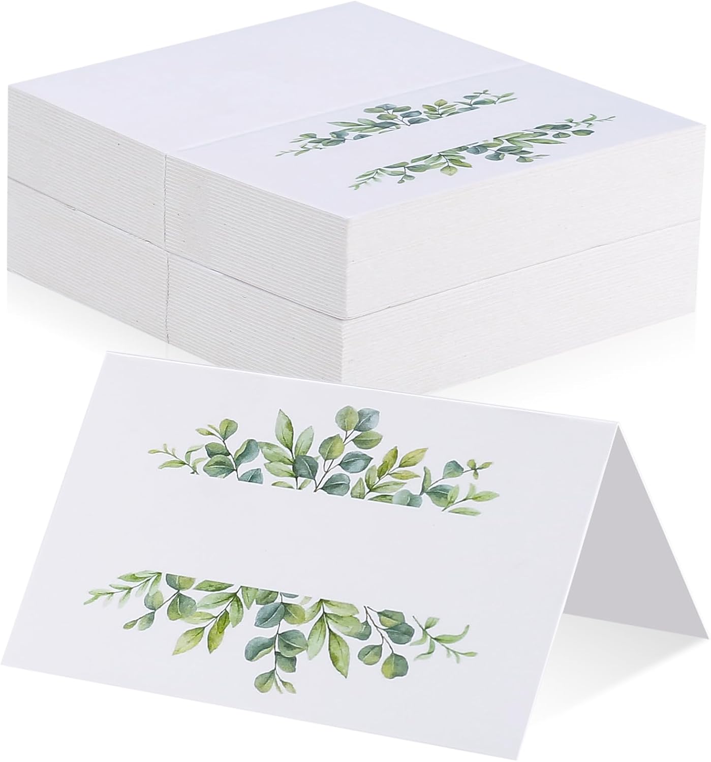 Place Cards for Table, 106 Pcs Name Place Cards, Wedding Table Place Cards, White Blank Tent Card Eucalyptus Leaves for Wedding Events Party Reception Banquets Table Setting Name Place Cards