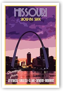MISSOURI TRAVEL POSTER postcard set of 20 identical postcards. MO state vintage style travel poster post cards. Made in USA.
