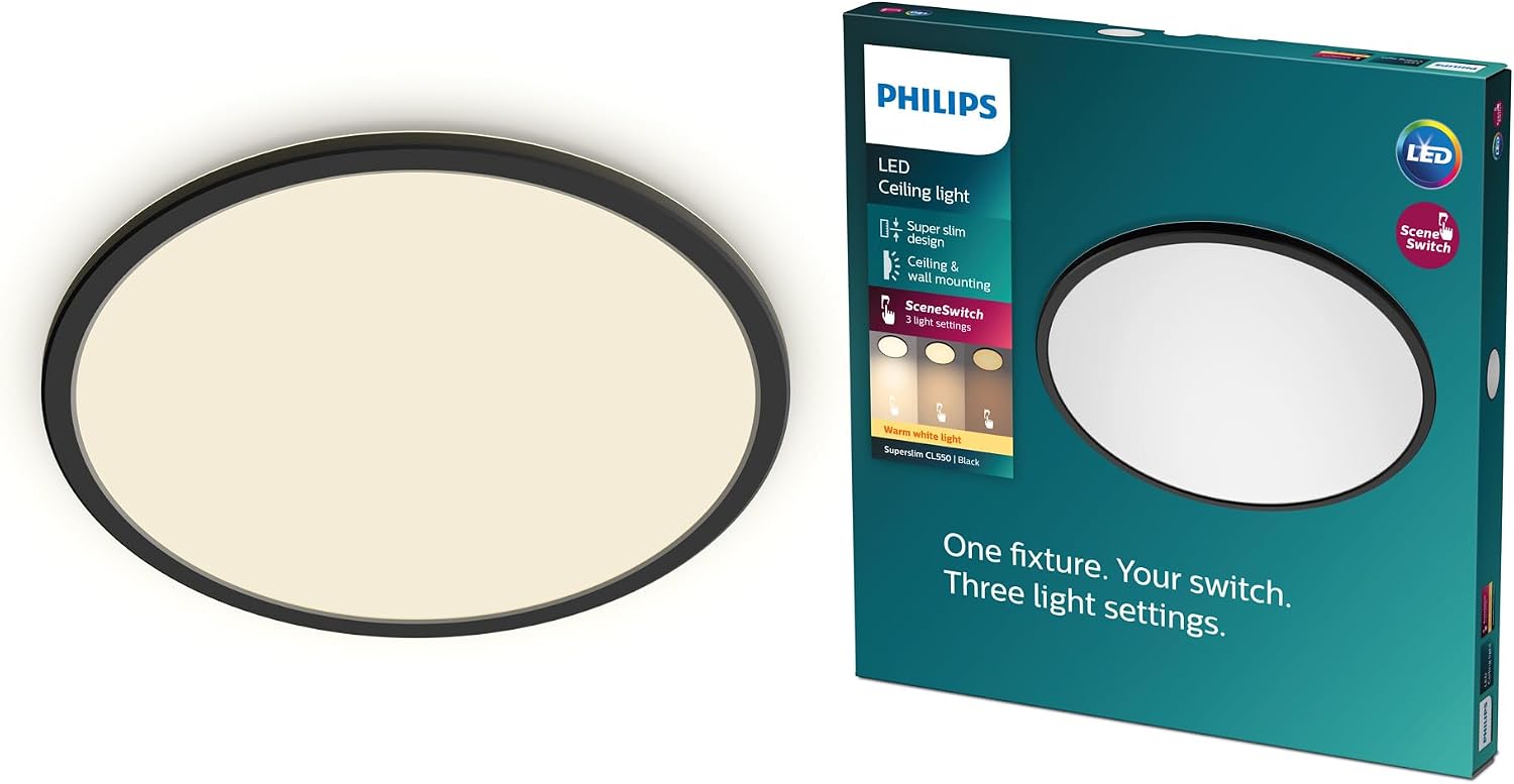 PHILIPS LED Superslim SceneSwitch Dimmable Ceiling Light 2700K 18W [Warm White - Black] for Indoor Home Lighting in Livingroom and Bedroom