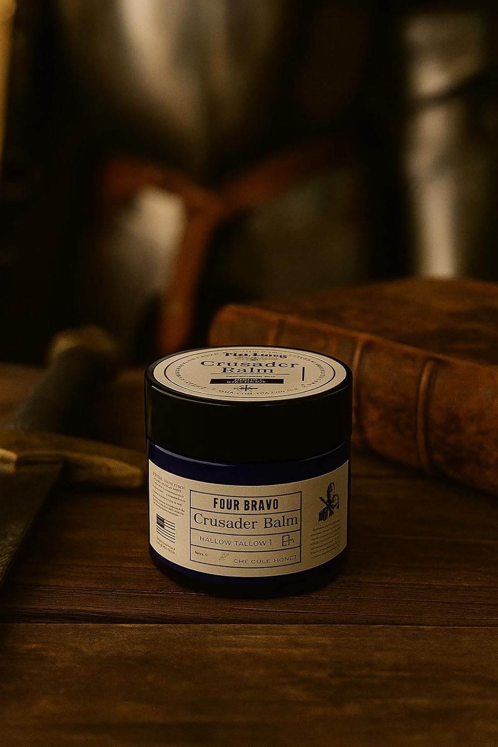 Crusader balm. Handmade wagyu beef tallow balm with GHK-CU copper peptide, pure honey vitamin E & natural eucalyptus scent. 100% organic face and body moisturizer – 2 oz