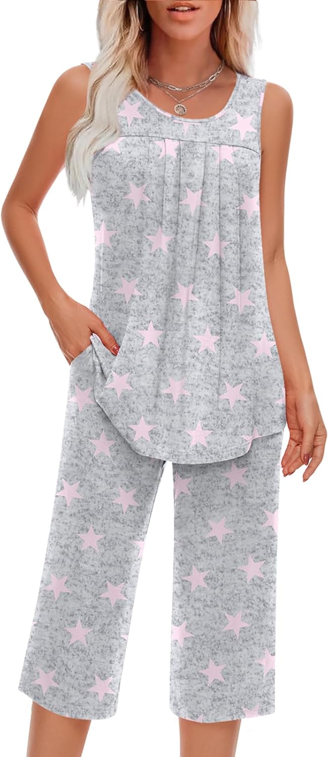 Women Pajamas Sets Loungewear Soft Sleepwear Two Piece Summer Sleeveless Pjs Tank Top Pants with Pocket M-3XL