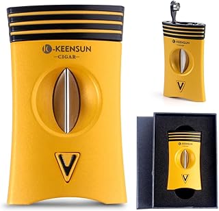 KEENSUN 3-in-1 Zinc Alloy V-Cut Cigar Cutter (Deep Yellow) with Cigar Holder on The Back and Cigar Punch at The Bottom, 60 Ring Gauge, 420J2 Stainless Steel Cut Blade in Gift Box