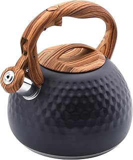 Tea Kettle, 3.2 Qt Stainless Steel Whistling Tea Kettle for Stove Top, Food Grade Teapot with Wood Pattern Handle for Coffee, Tea, Milk etc, Gas Electric Applicable (Black)