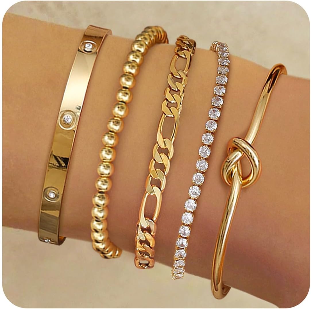LOLIAS 5 Pcs Gold Bracelets for Women 14k Real Gold Bangle Cuff Bracelet Set Hypoallergenic Gold Beaded Paperclip CZ Tennis Cuban Chain Bracelet Stacking Bracelets Gold Jewellery for Women