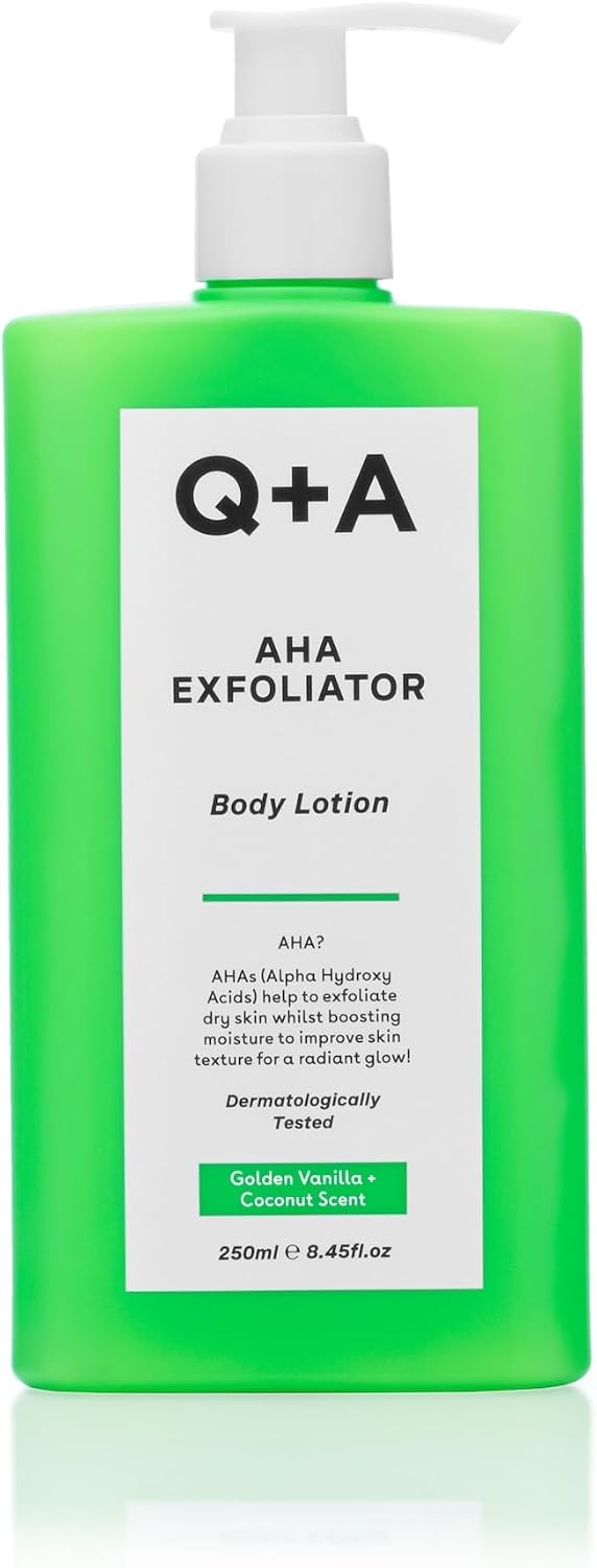 Q+A AHA Exfoliator Body Lotion 250ml, Smoothing Body Moisturiser