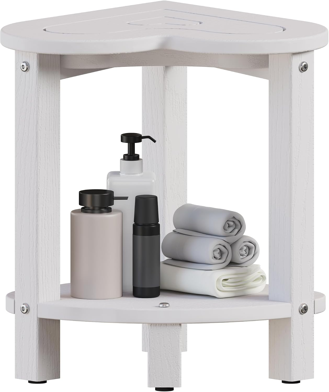 UHA Corner Shower Stool for Inside Shower - Waterproof Corner Shower Bench, HDPE Plastic Bathroom Bench, Adjustable Height Corner Chair for Shaving Legs,Storage Shelf,Non-Slip Feet，White
