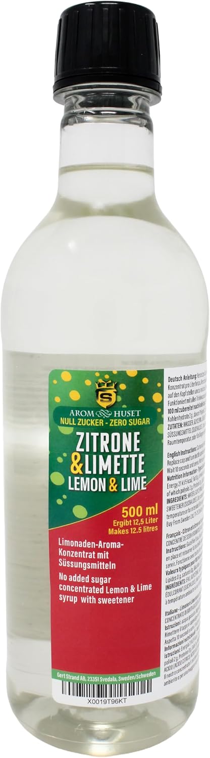 Aromhuset Zero Sugar Lemon Lime Soda Concentrate 500 ml - Makes 12.5 litres - Sugar-Free Soft Drink by Adding Flavouring to Carbonated Sparkling Fizzy Water