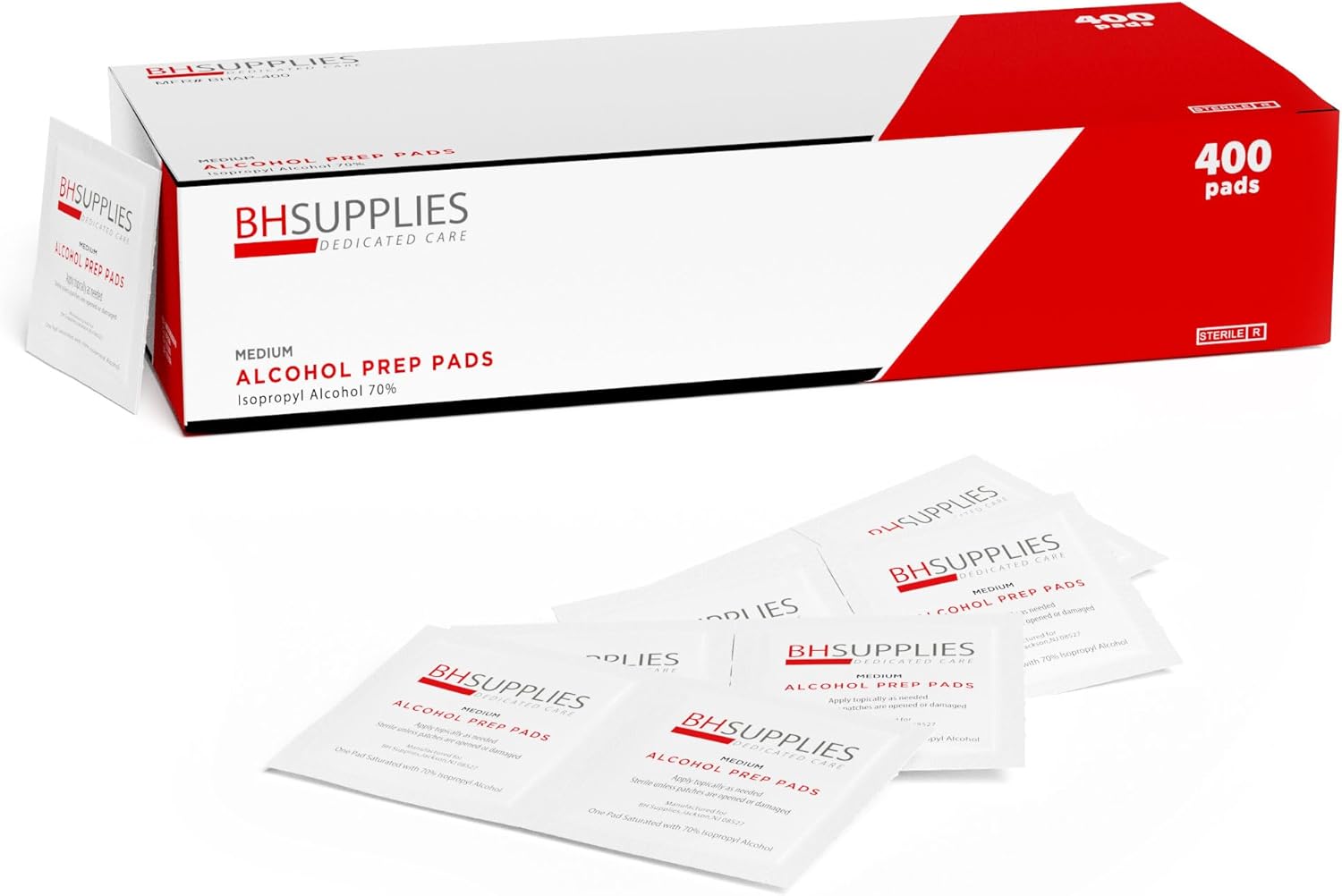 BH Supplies Alcohol Prep Pad Sterile, Medium 2-Ply, 400 Count - Saturated with 70% Alcohol