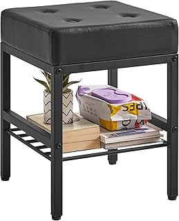 IBUYKE Square Makeup Stool with Adjustable Feet and Storage Space, Footrest Stool, PU Seat Vanity Stool, Multi-Use as Small Side Table or Ottoman, for Bedroom, Black LG-60B