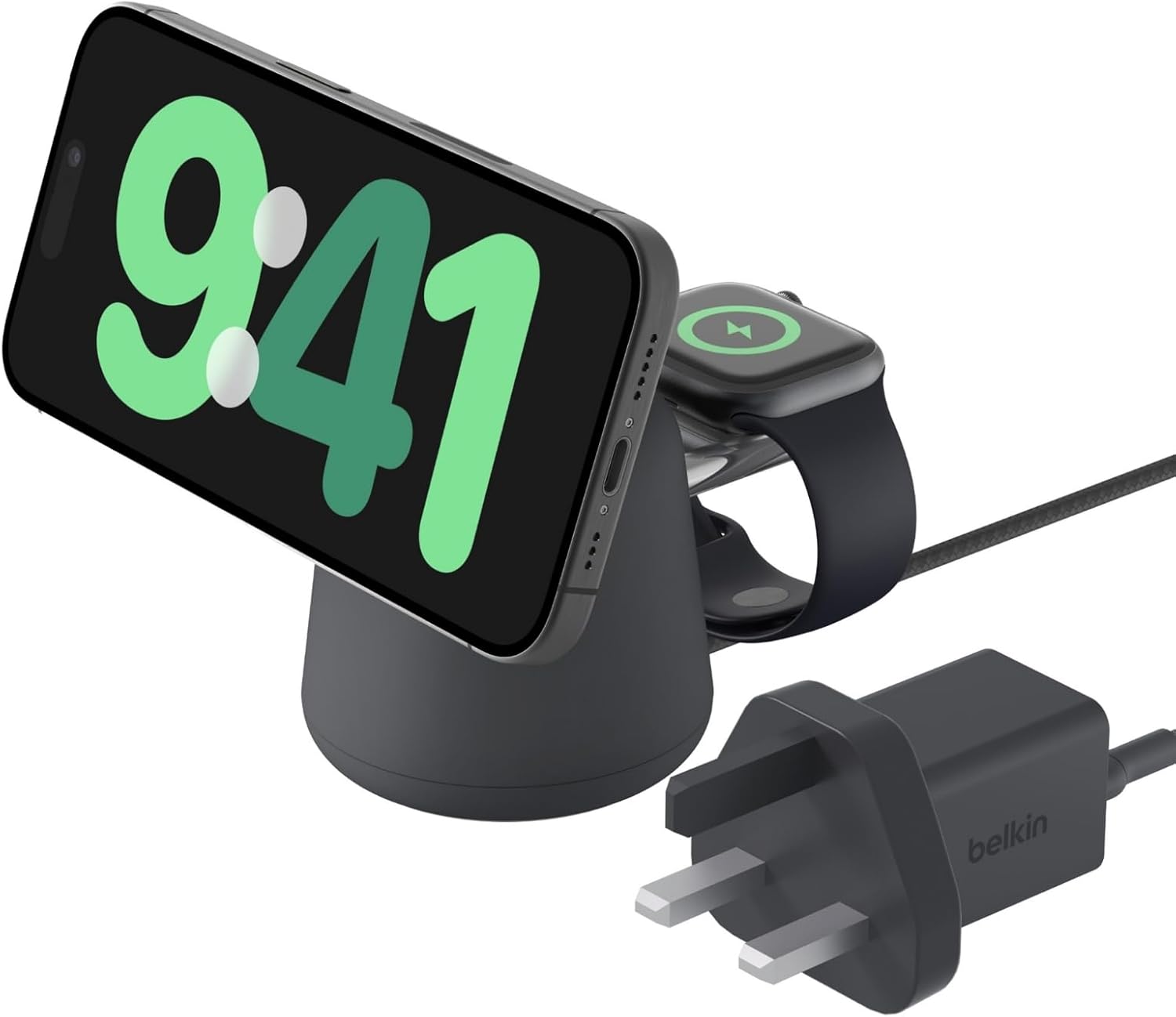 Belkin BoostCharge Pro 2-in-1 Wireless Charger with Qi2 15W - MagSafe-Compatible Charger for iPhone 16, 15, 14, 13, 12 Series, Apple Watch, AirPods, & Other Qi2 Enabled Devices, PSU Included - Black