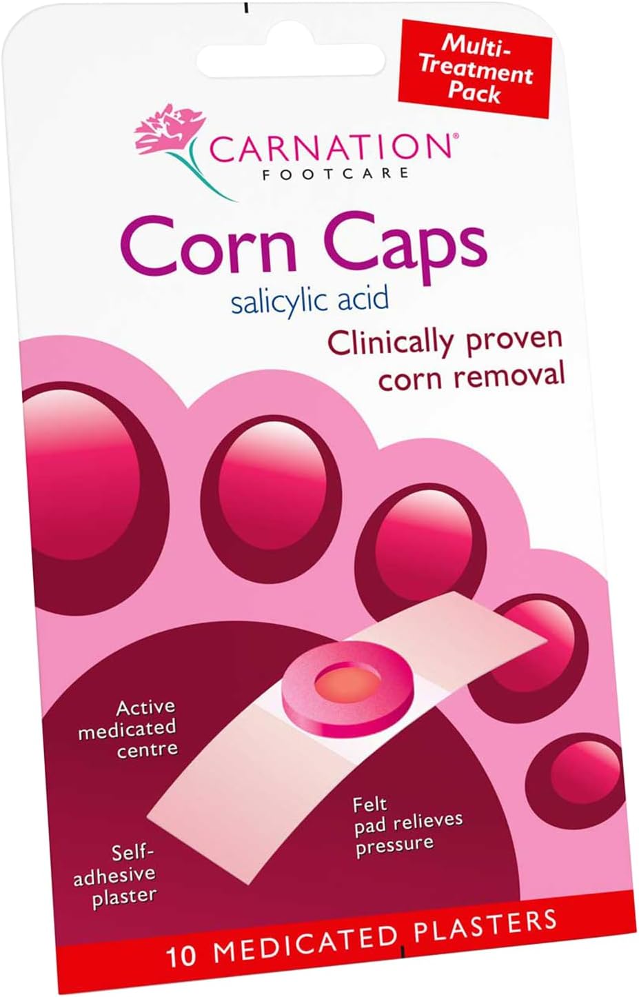 Carnation Footcare Corn Caps x 10, all-in-one, Salicylic Acid paste with soft felt corn ring. Relieves pressure and pain. One step application.