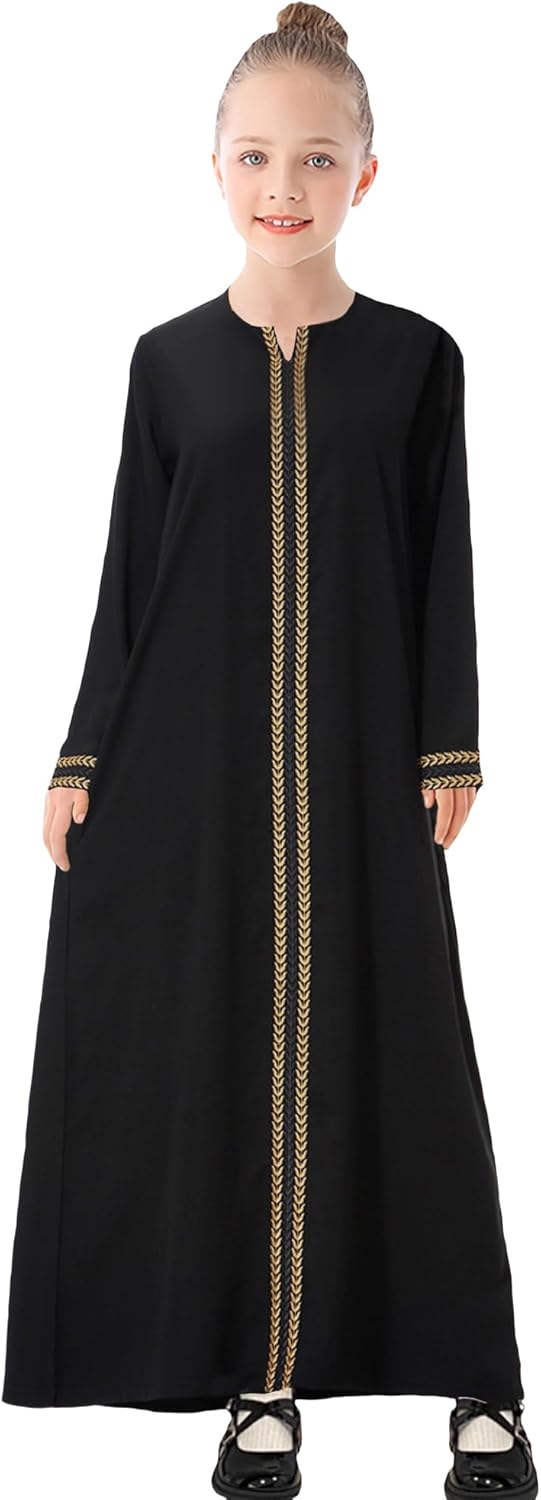 WSPLYSPJY Kids Girls Gold Embroidered Muslim Dress Abaya Long Sleeve Eid Robe Prayer Clothes