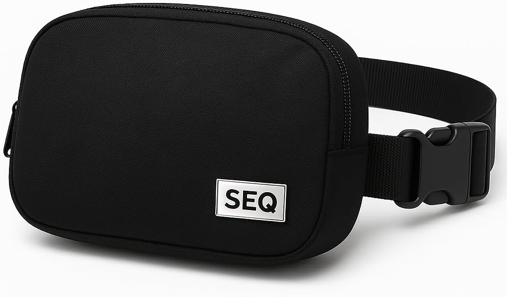 Quick, Simple.Easy SEQ Athletic Everywhere Belt/Crossbody Bag, Waterproof Waist Pack with Adjustable Strap, Zip Pocket for Traveling, Hiking, Jogging, Cycling, Black, One Size, Athletic
