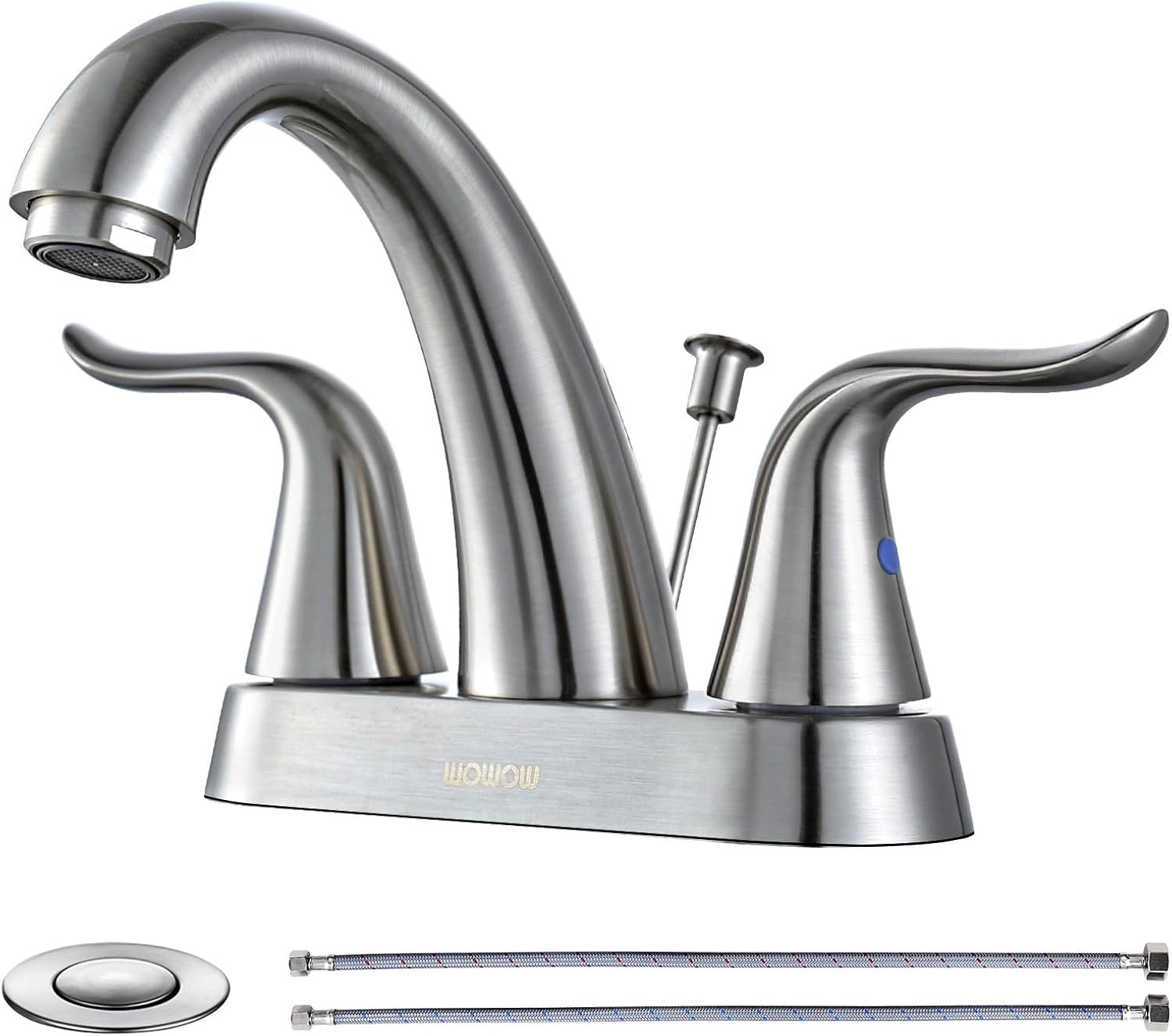 WOWOW Bathroom Faucet 2 Handle 4 Inch Centerset Bathroom Sink Faucet, Lead-Free Basin Mixer Tap with Lift Rod Drain Stopper, 2 Handle Centerset Lavatory Brushed Nickel Vanity Faucet
