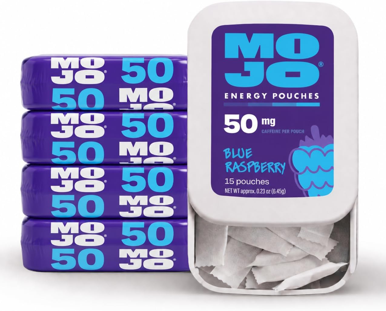 MOJO Caffeine Pouches with Naturally Derived Caffeine from Green Tea, Ginseng, Yerba Mate, L-Theanine & B-Vitamins | Nicotine-Free | Zero Sugar | 50mg Caffeine | Blue Raspberry