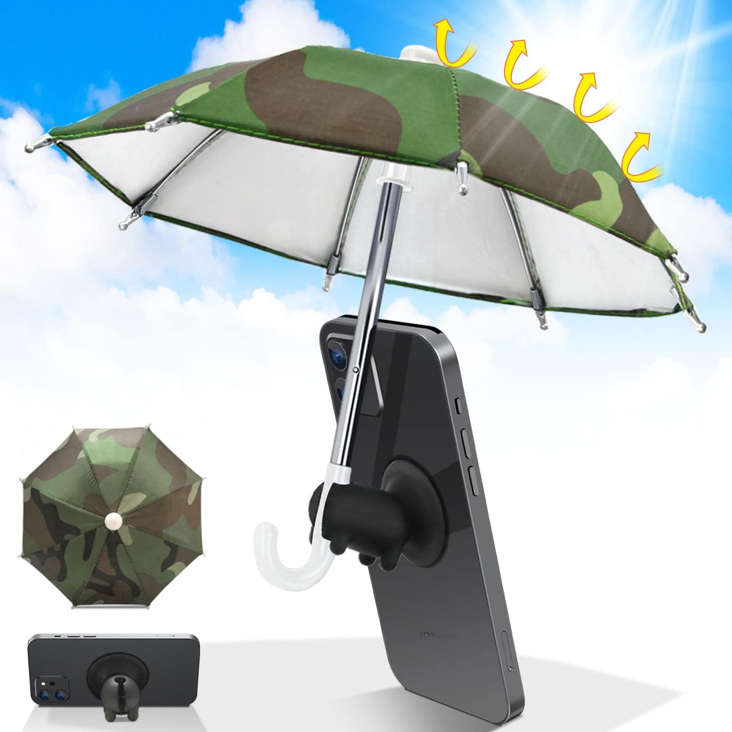 Phone Umbrella for Sun Suction Cup Stand, Cell Phone Mini Sun Shade for with Cute Piggy Umbrella Phone Holder, Camouflage