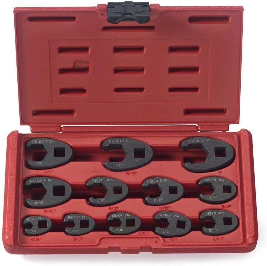 Neiko 03323A Crowfoot Wrench Set 1/2" and 3/8” Drive, 12 Piece, SAE Crows Foot Wrench Sizes 5/16” to 1”, Chrome-Moly Flare Nut Wrench Set