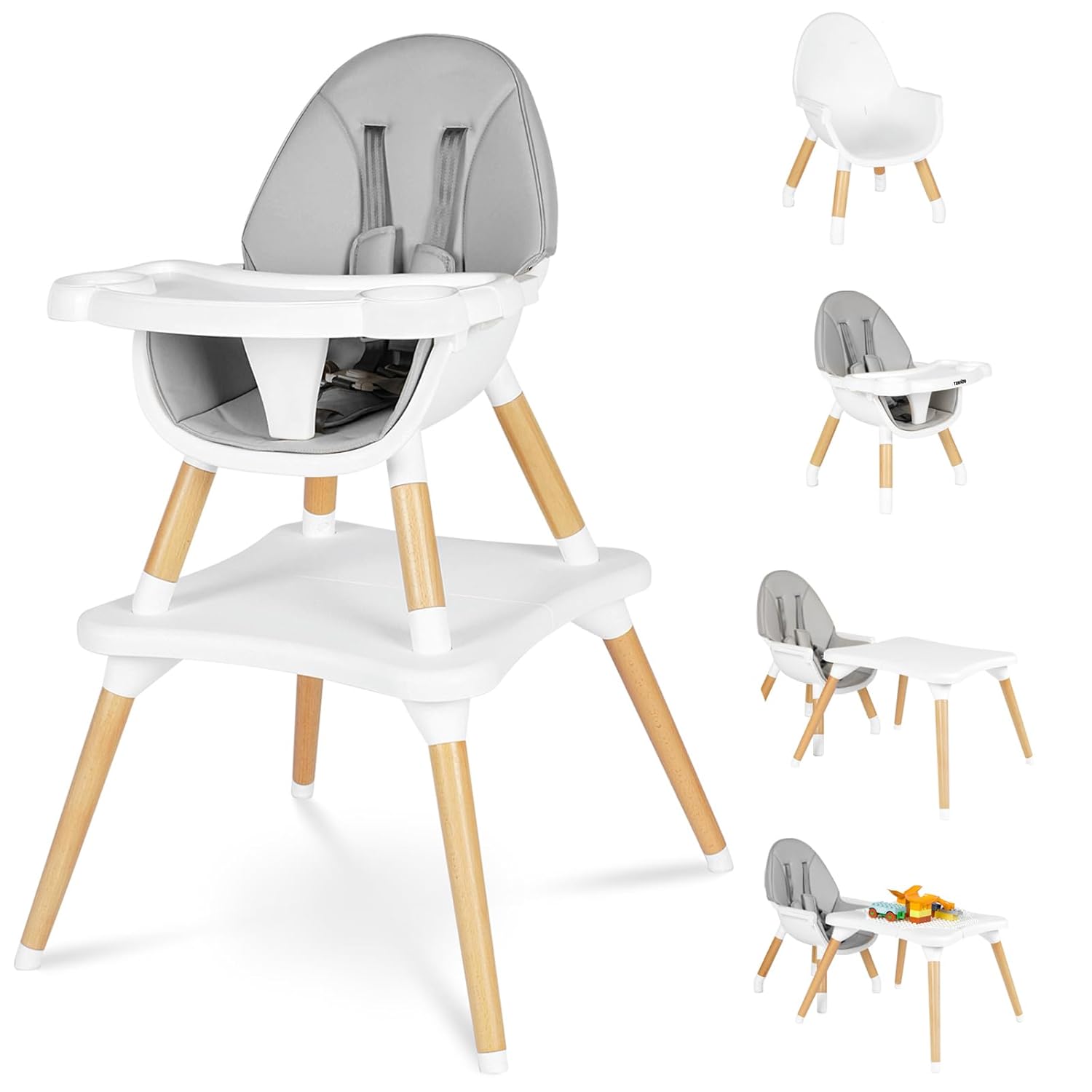 High Chair for Babies & Toddlers, Convertible Wooden 6 in 1 Baby Highchair, Table and Chair Set, Building Block Table, 5-Point Adjustable Seat Belts, 4-Position Removable Tray& PU Seat Cushion (Grey)