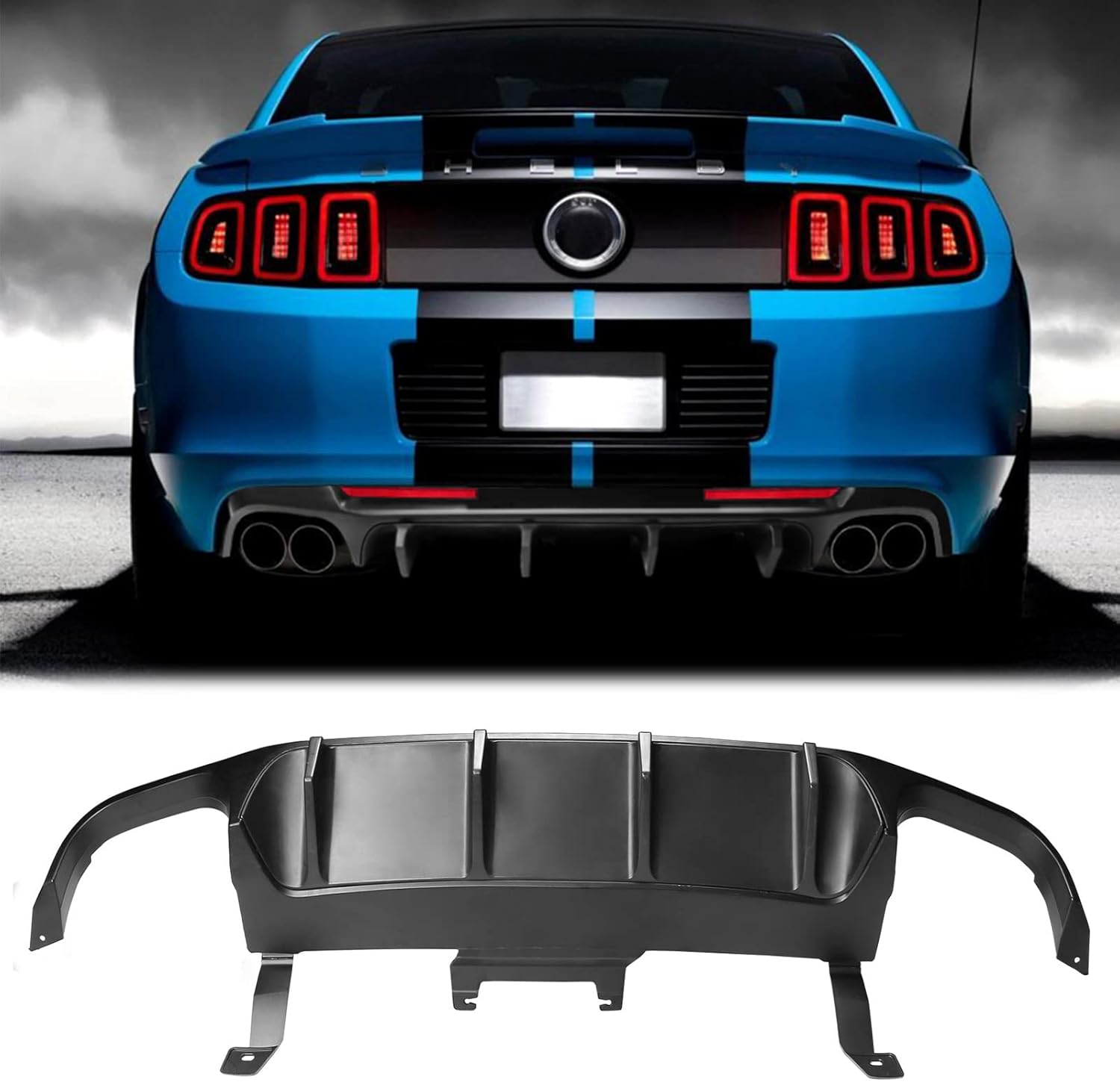 FREEMOTOR802 Compatible with 2013-2014 Ford Mustang Shelby GT500 Rear Diffuser Lip, GT500 Style Matte Black PP Rear Bumper Molding Lip Lower Valance Diffuser W/ V3 Style Shark Fin