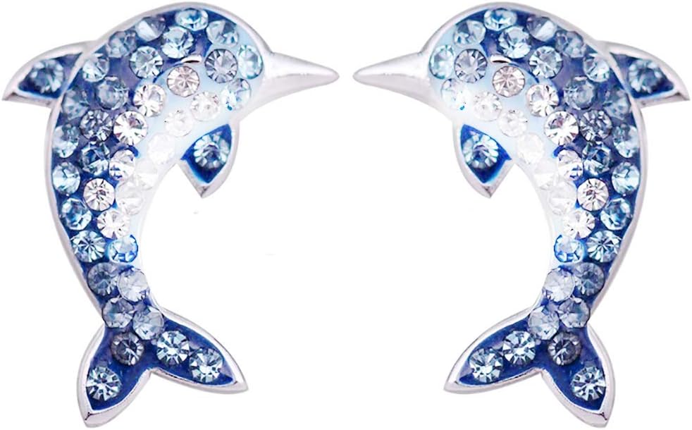 MixiuEuro Women Girls Dolphin Stud Earrings, 925 Sterling Silver CZ Cubic Zirconia Blue Dolphin Stud Earrings Girls Child Jewellery