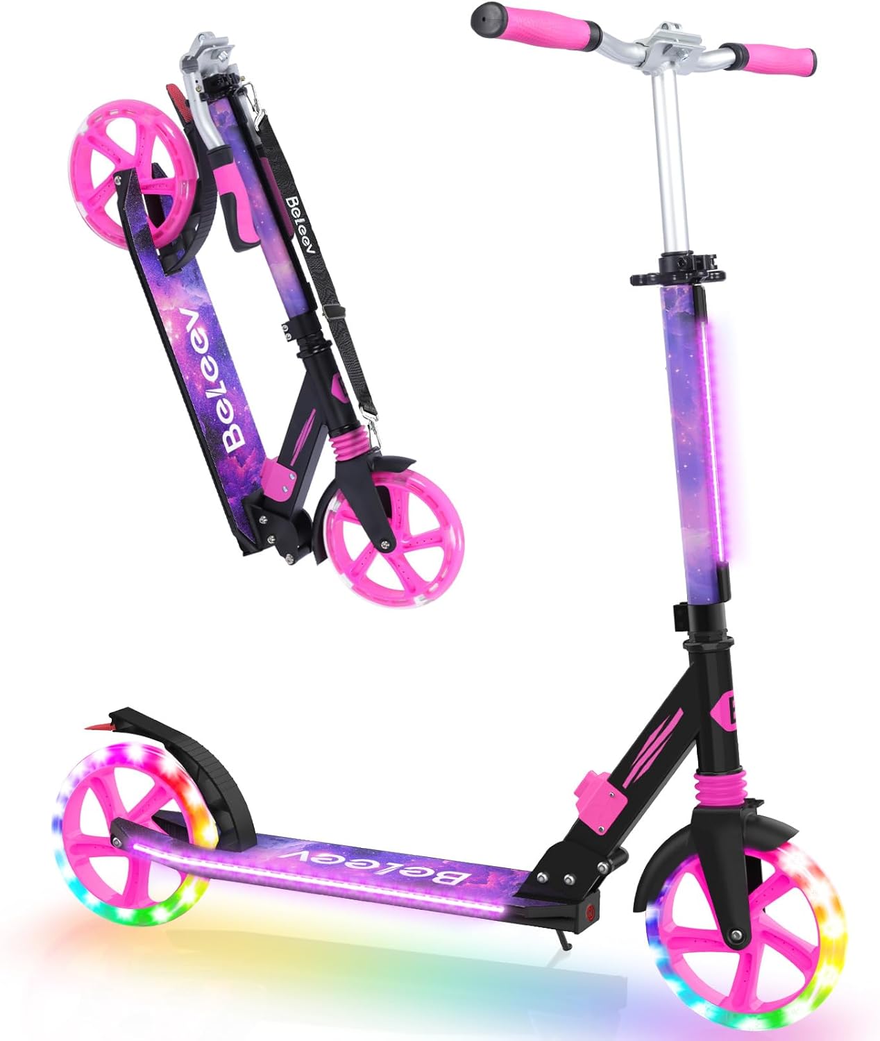 BELEEV V8 Scooters for Kids Ages 6+ with Light-Up Stem & Deck, 2 Wheel Folding Scooter for Adults Teens, 4 Adjustable Height, Lightweight Sport Commuter Scooter, Max Load 220 lbs
