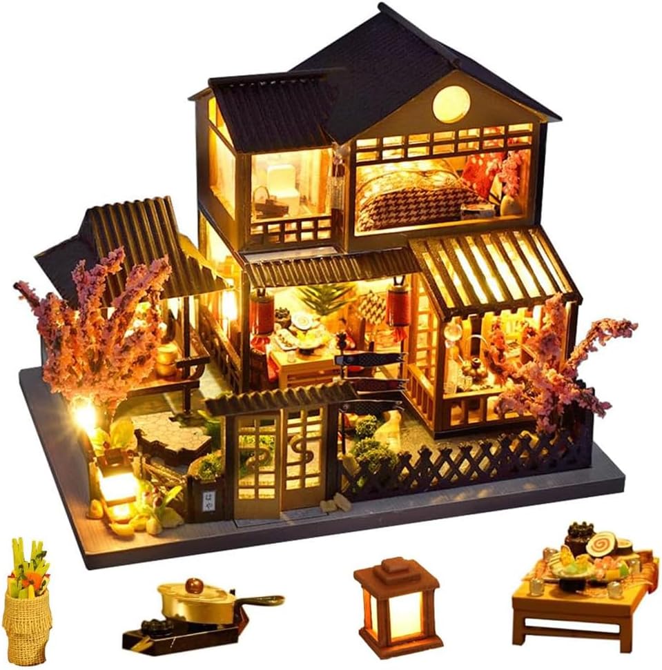 Mini Japanese Style Villa Miniature Wooden Dollhouse,DIY Miniature House Kit Villa Building,3D Model Creative Gifts for Friend and Parents