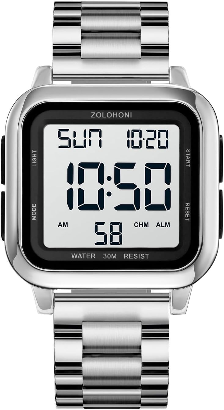 Men’s Digital Watch for Men, Stainless Steel Square Watches, Mens Wrist Watches Waterproof Large Face Dual Time Date Watch