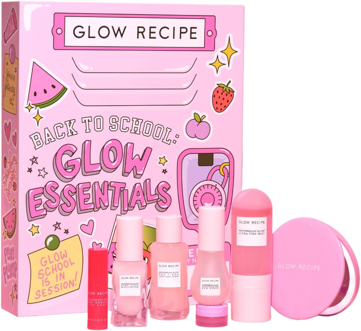 Glow Recipe Back to School Essentials Korean Skin Care Set - Watermelon Fine Mist, Dew Drops, PHA Facial Toner, Pink Juice Moisturizer, Strawberry Blur Drops, Glossy Balm & Compact Mirror (7 Count)
