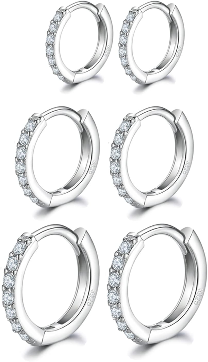 Silver Hoops Earrings for Women, 925 Sterling Silver Post Small Silver Hoop Earrings with AAA Cubic Zirconia, 3 Pairs Small Sleeper Hoops Huggie Hinged Earrings (8/10/12mm)