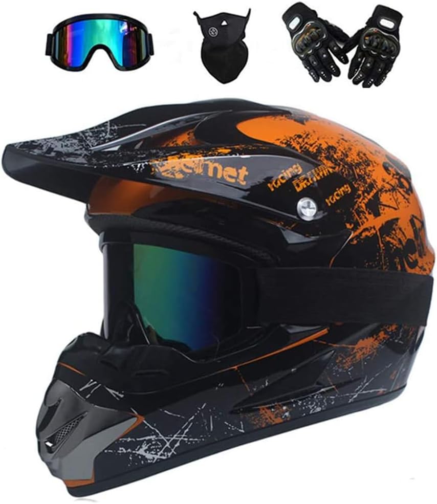 Motocross Helmet, with Goggles Mask Gloves, Youth Kid Full-Face Off Road Motorcycle Crash Helmet, MTB BMX Downhill Quad Bike Enduro Racing Dirt Bike Helmet,Orange,M(54~55cm)