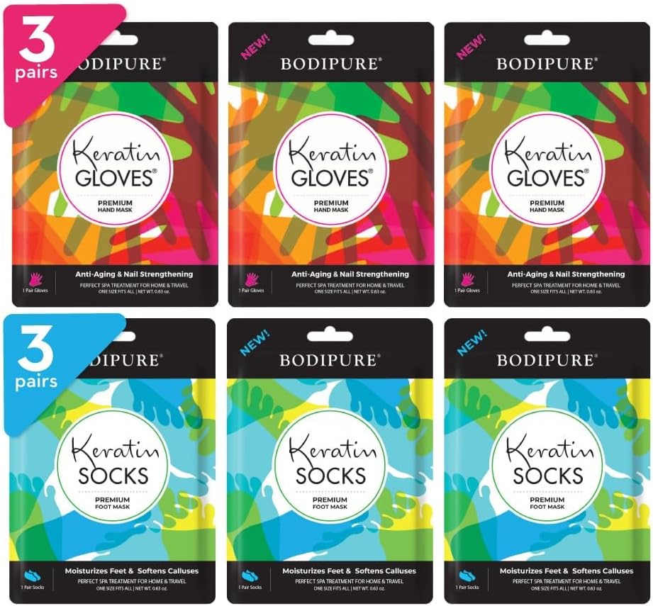 Bodipure Premium Hand and Foot Mask | Moisturizing Kertain Gloves & Socks | Hydrating Dull Dry Hands, Cracked Heels, Callus Softening & Nail Strengthening | Chemical-Free Feet Treatment | (3+3 Pack)
