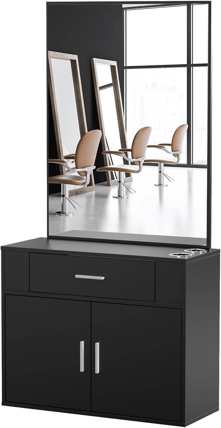 OmySalon Wall Mount Salon Station with Mirror, Hair Styling Barber Station, Beauty Salon Spa Equipment with 1 Drawer, 1 Storage Cabinet, 2 Hair Dryer Holders, Black