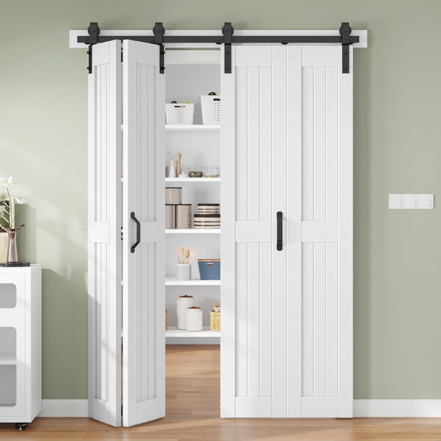Bifold Barn Door 64 x 84 in (Four 16x84 Inch),Bi-fold Sliding Closet Doors with Hardware Track kit Included 6ft Rail for 4 Doors and Track Connector Black,Save Space,DIY Assembly.