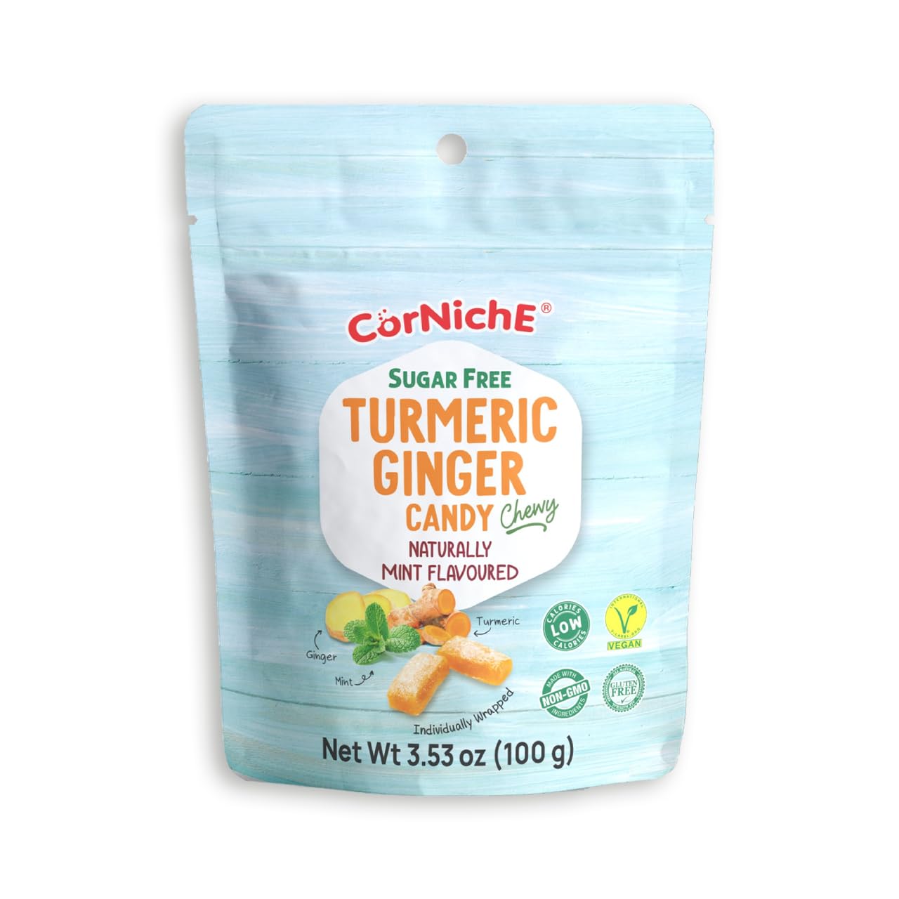 CORNICHE Turmeric Ginger Candy, Anti-Nausea and Digestion Aid, Individually Wrapped Healthy Candy 3.53 Oz Bag (Mint), Small