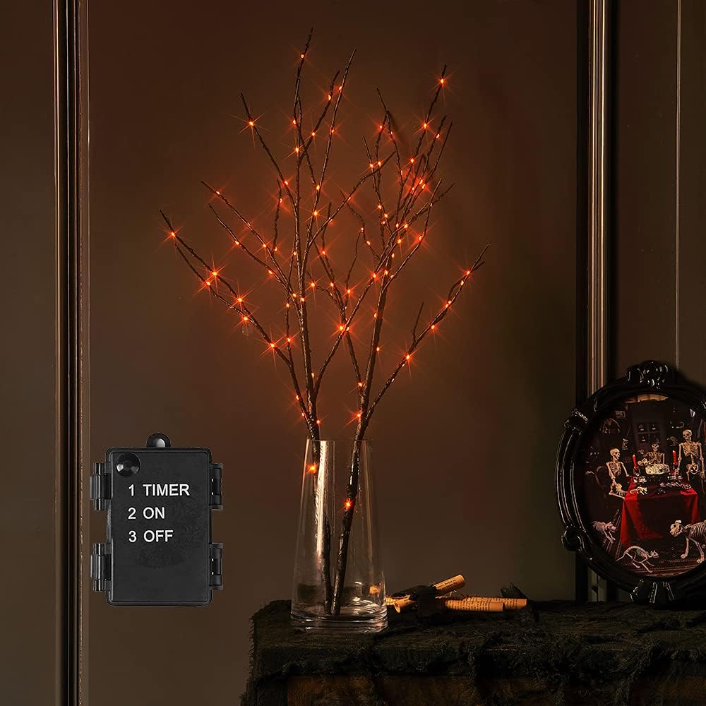 LITBLOOM Halloween Tree Branch Lights 32IN 100 Orange LED with Timer, Lighted Black Twig Branches with Fairy Lights for Halloween Decoration Indoor Outdoor