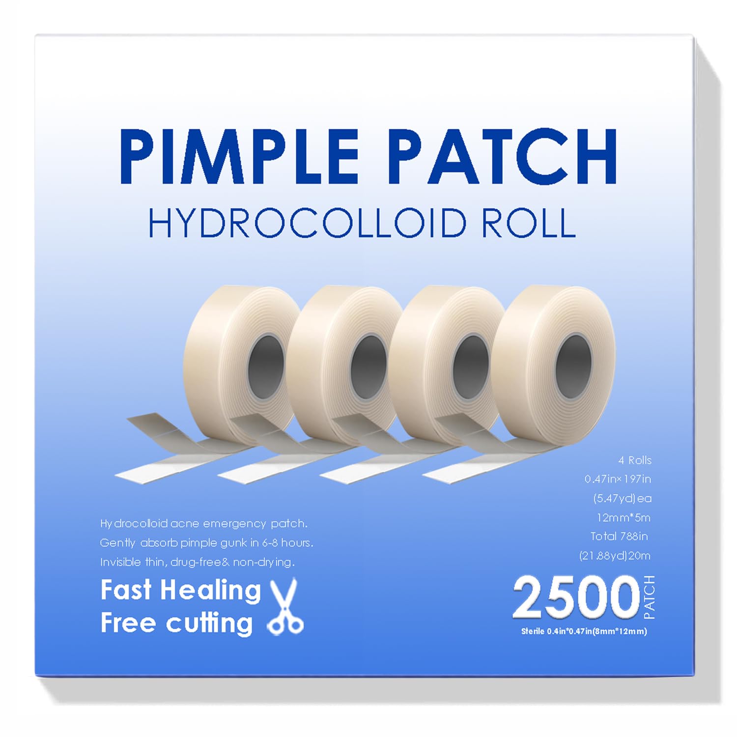 Pimple Patches for Face (2500 Count) | Cut-to-Size Hydrocolloid Roll Tape | Absorb Gunk & Fast Healing, Shrinks Zits & Blemishes | Acne Patches for Face | Zit Patches for All Size Acne