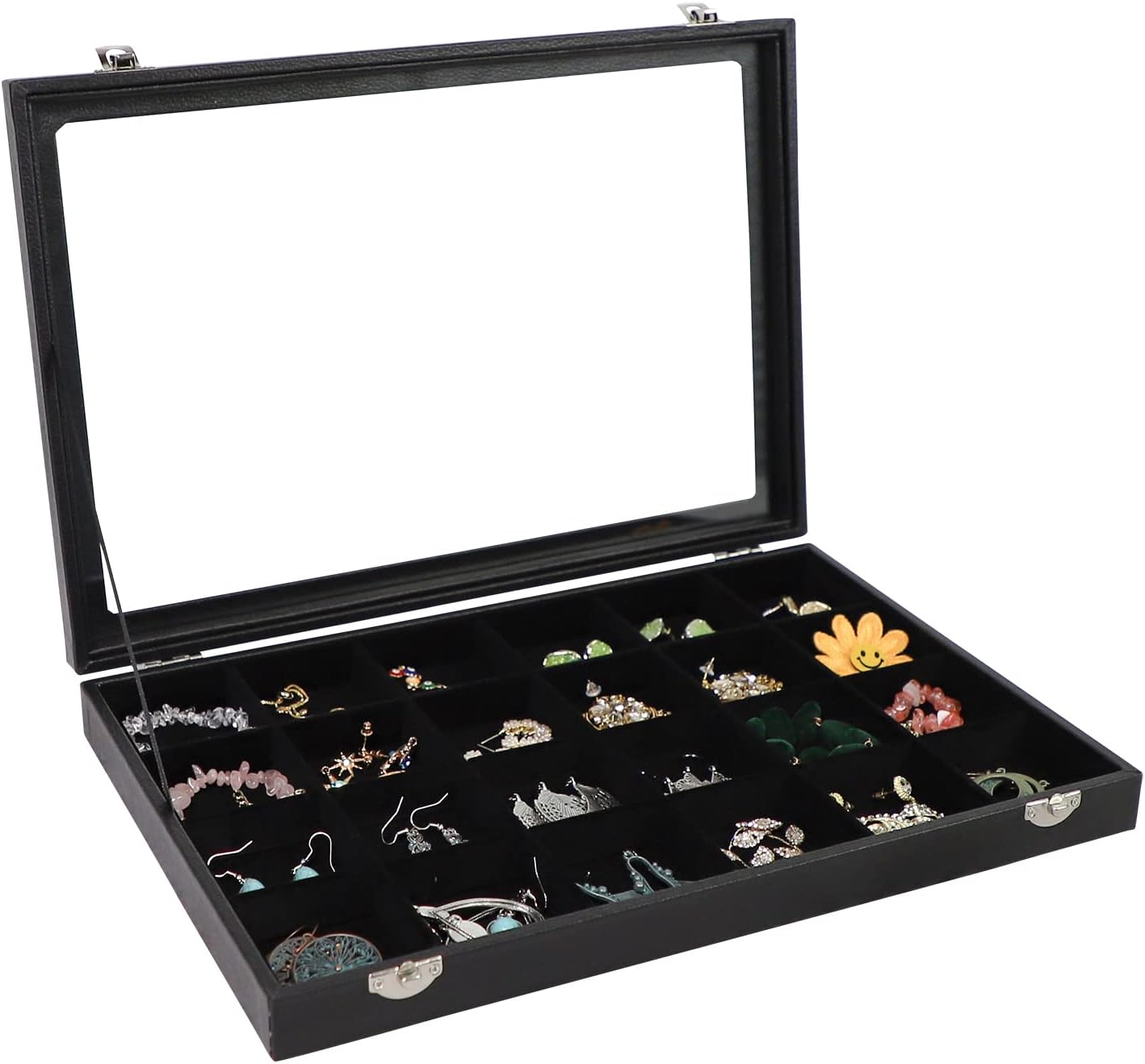 Wudygirl Jewelry Organizer Clear Lid 24 Grid Jewelry Box Case Organizer Showcase Display Jewelry Tray Removable Black Velvet Locked