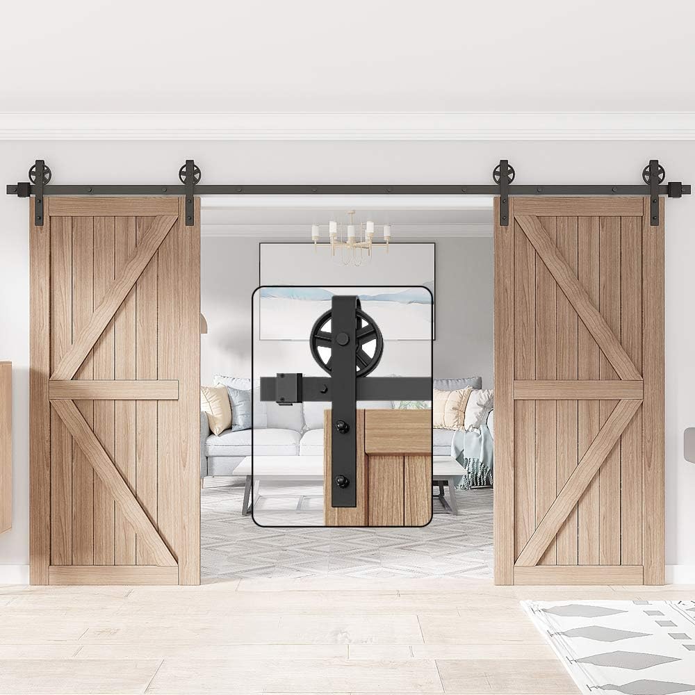 WINSOON 12FT Wood Double Sliding Barn Door Hardware Basic Black Big Spoke Wheel Roller Kit，5-18FT for Choose