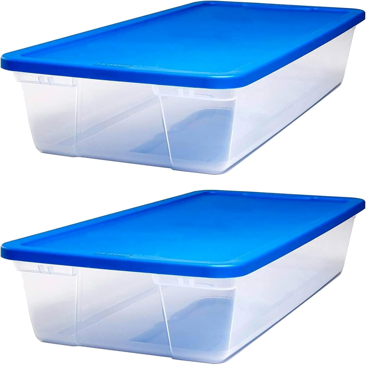 HOMZ 2 Pack Storage Bins, Clear Plastic Organizing Containers w/Blue Lids, 41 Quart