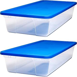 HOMZ 2 Pack Storage Bins, Clear Plastic Organizing Containers w/Blue Lids, 41 Quart