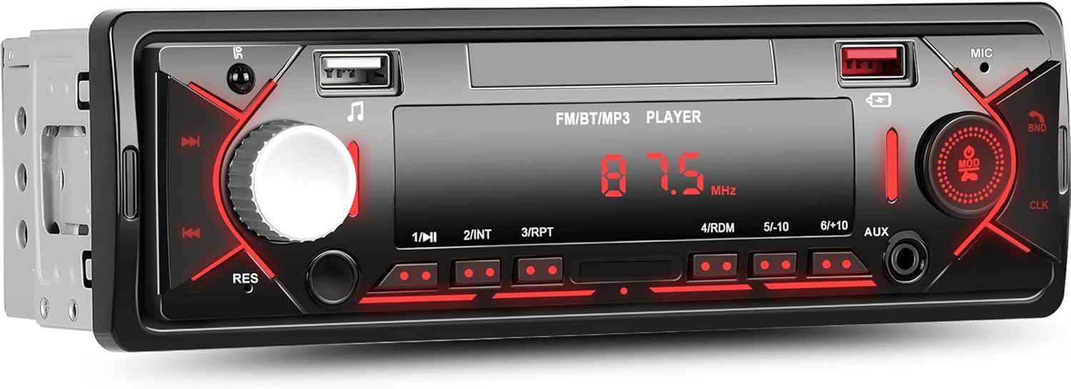 OiLiehu Single Din Car Stereo Bluetooth Hands-Free, 1 Din Car Stereo with FM Radio, LCD Clock Display, MP3 Player Support 2 USB/AUX