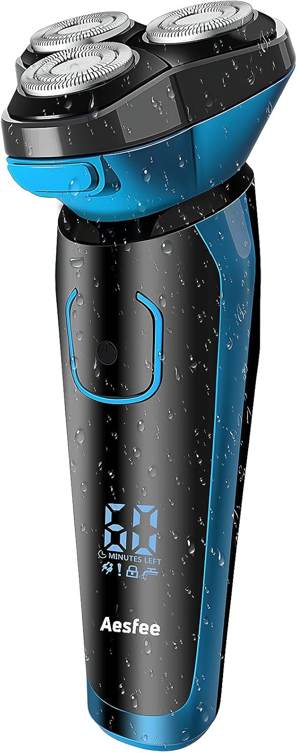 Aesfee Electric Razor for Men, IPX7 Waterproof Wet and Dry, Mens Electric Shavers Cordless 2 in 1 Rotary Shaver with Pop-up Trimmer and Travel Lock