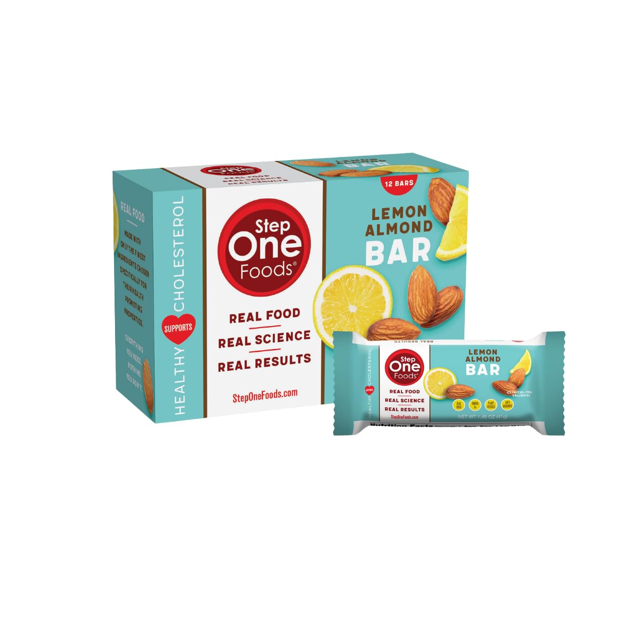 Step One Foods Lemon Almond Bar, Heart Healthy Snack Plant Sterols, Omega 3's High Fiber Snack Gluten & Dairy Free, Vegan, Zero Sodium, Granola Bars (12 Pack)