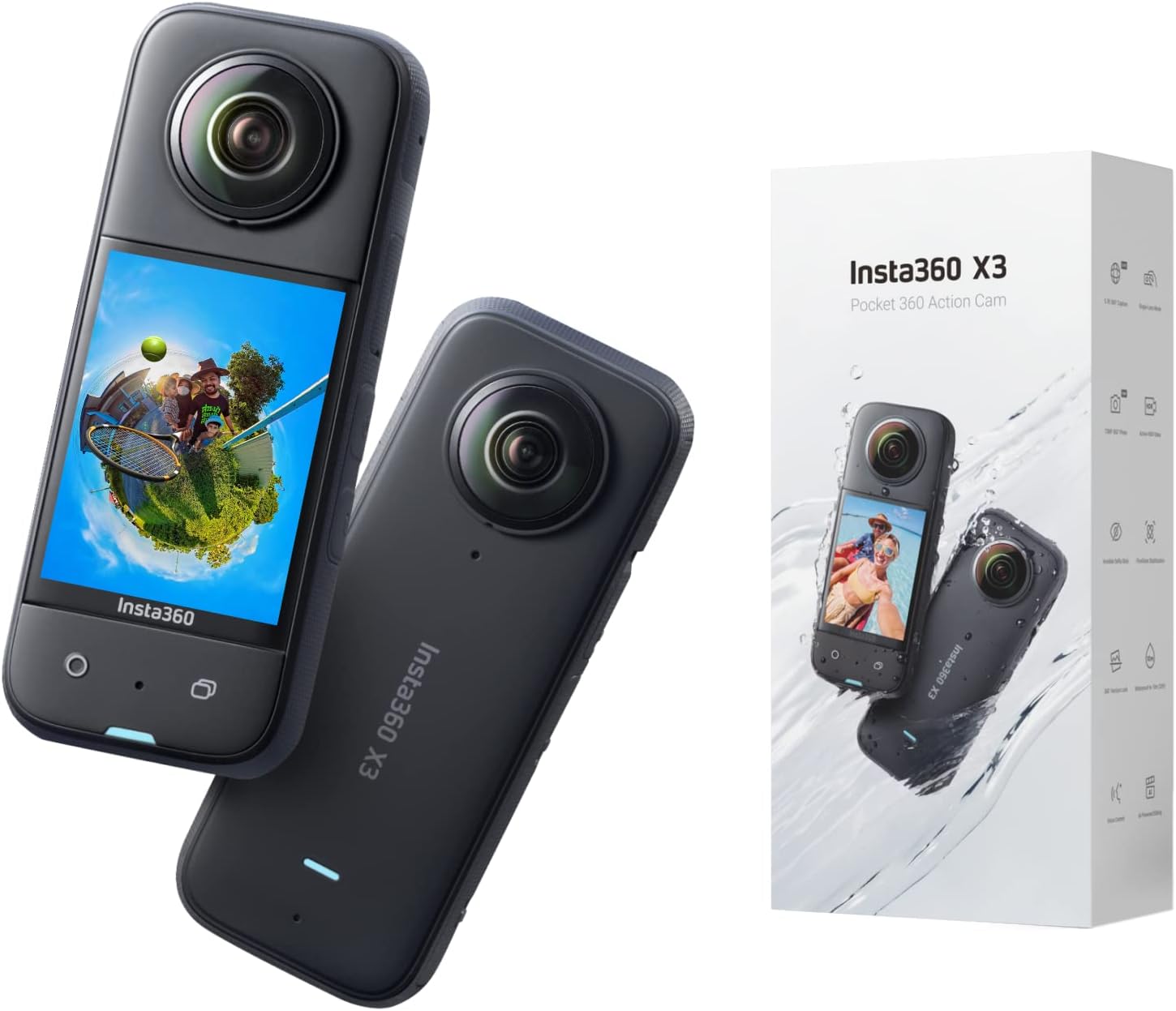 Insta360 X3 - Waterproof 360 Action Camera with 1/2" 48MP Sensors, 5.7K 360 Active HDR Video, 72MP 360 Photo, 4K Single-Lens, 60fps Me Mode, Stabilization, 2.29" Touchscreen, AI Editing, Live Stream
