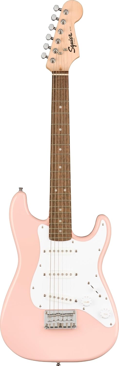 Squier by Fender Mini Stratocaster Beginner Electric Guitar Shell Pink
