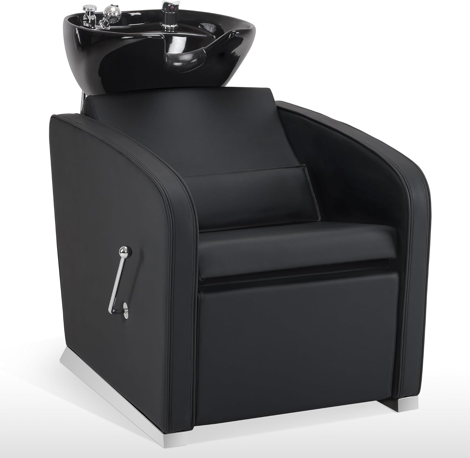 BarberPub Backwash Shampoo Station Chair, Adjustable Porcelain Ceramic Hair Wash Bowl Sink Unit Station, Reclining Shampoo Station Chair for Spa Beauty Salon Hair Salon Equipment 9303 (Black)