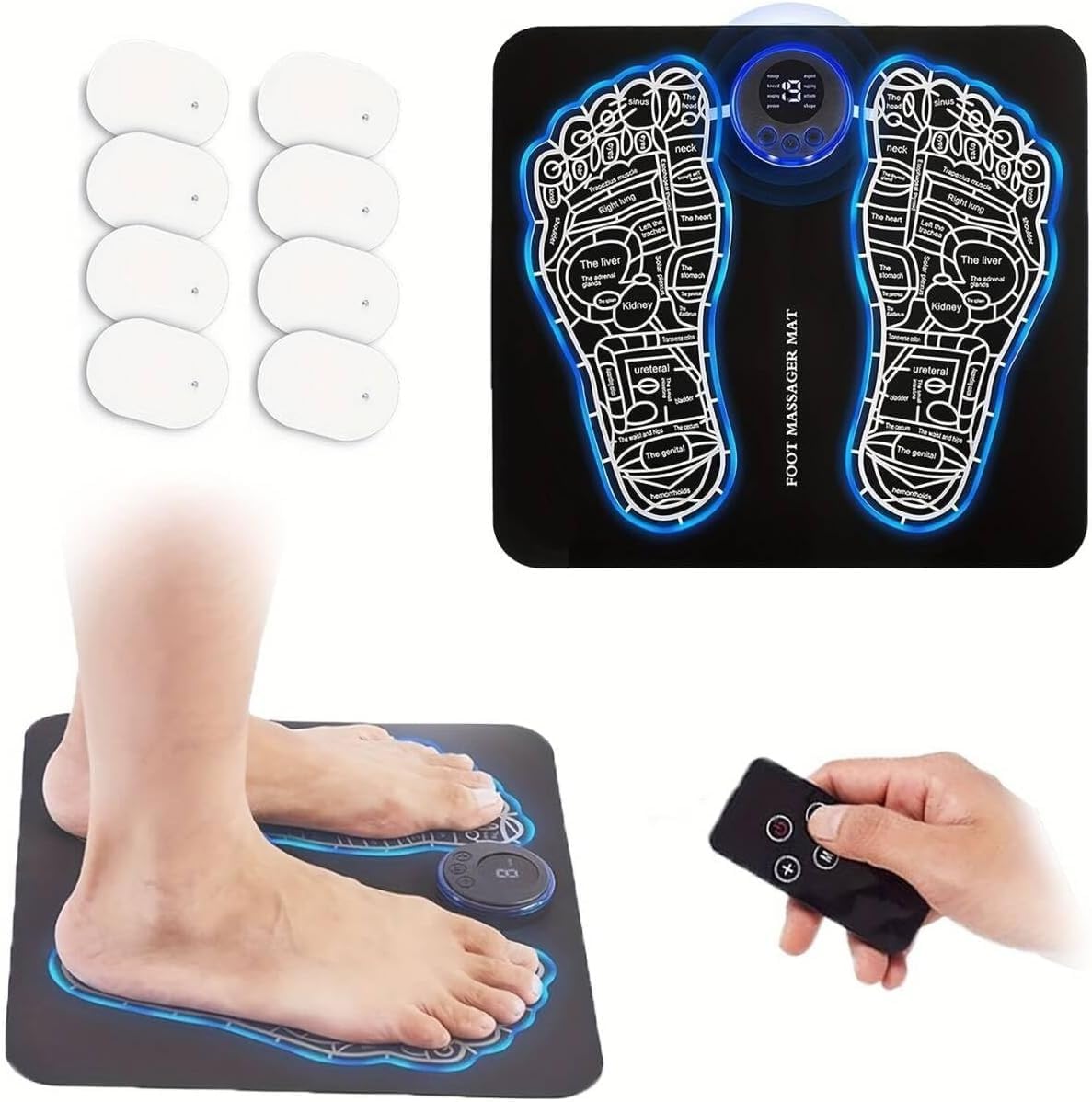 EMS Foot Massager, LCD Display with Remote Control,8 Modes 19 Intensities, Rechargeable Feet Massager, TENS Machine for Pain Relief and Improve Circulation, Relax Your Foot,Hand,Hip