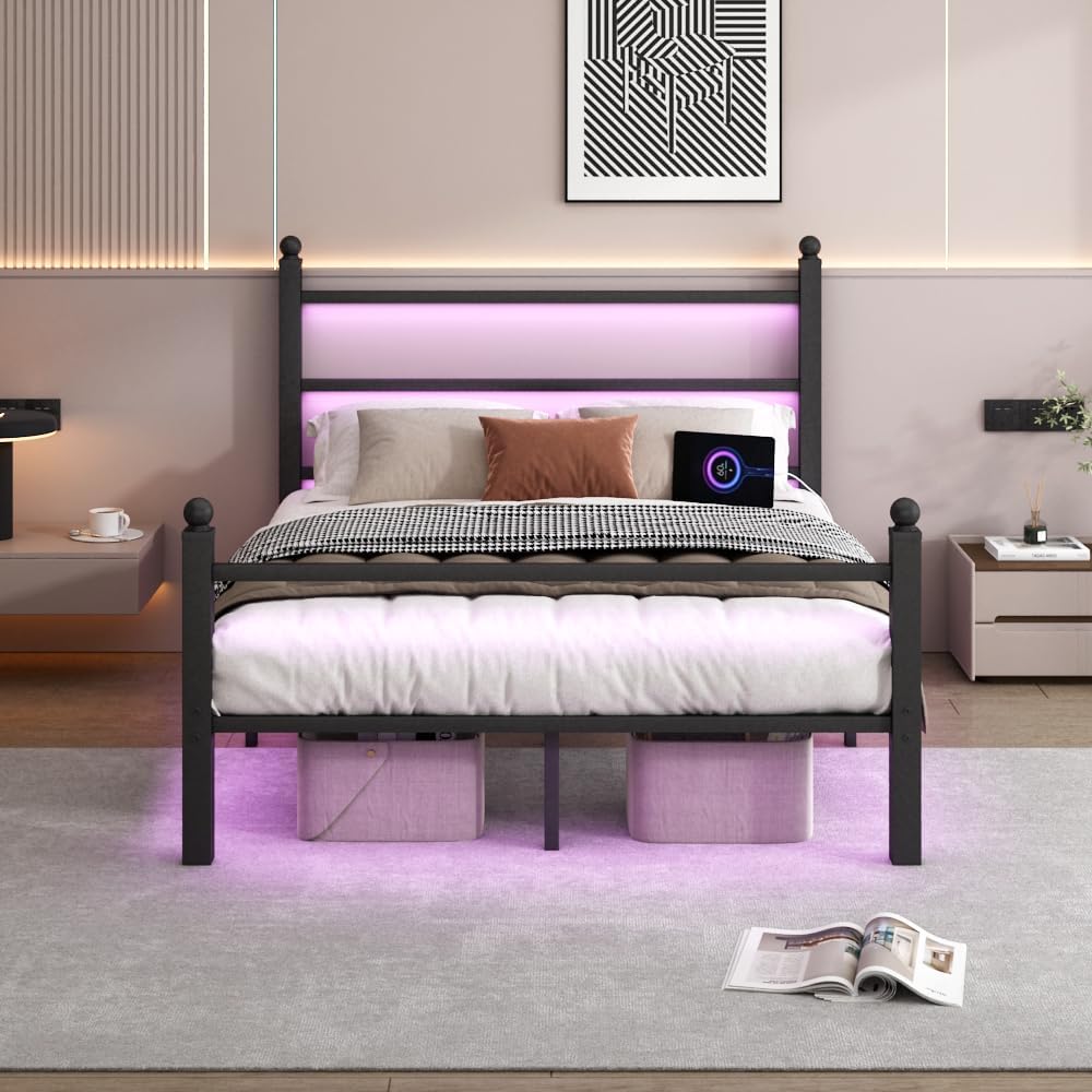 Full Size Bed Frame with Headboard and Footboard,Steel Slats Support-LED Bed Frame with USB Charging Station,Metal Bed Frame-Under Bed Storage, No Box Spring Needed, Noise Free，Black