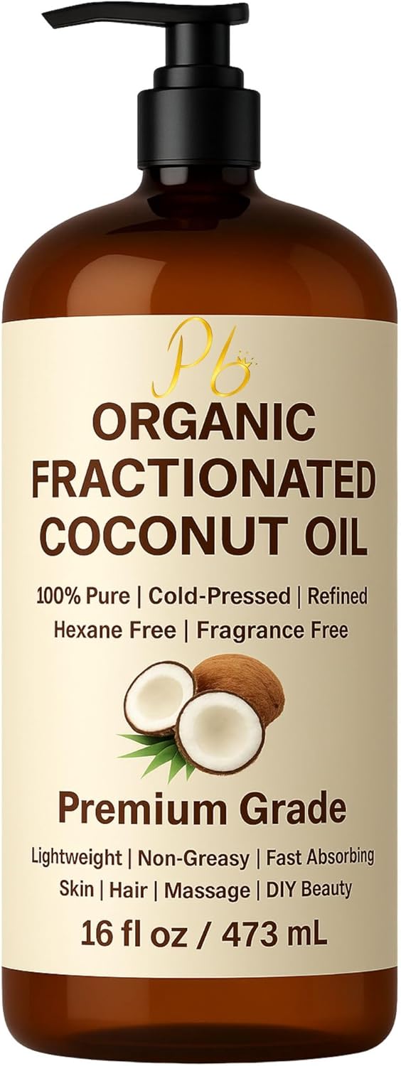 Organic Fractionated Coconut Oil – 100% Pure MCT Oil in Glass Bottle with Pump – Lightweight, Non-Greasy Carrier Oil for Face, Hair, Body & Massage – Unscented, Hexane-Free – 16 fl oz