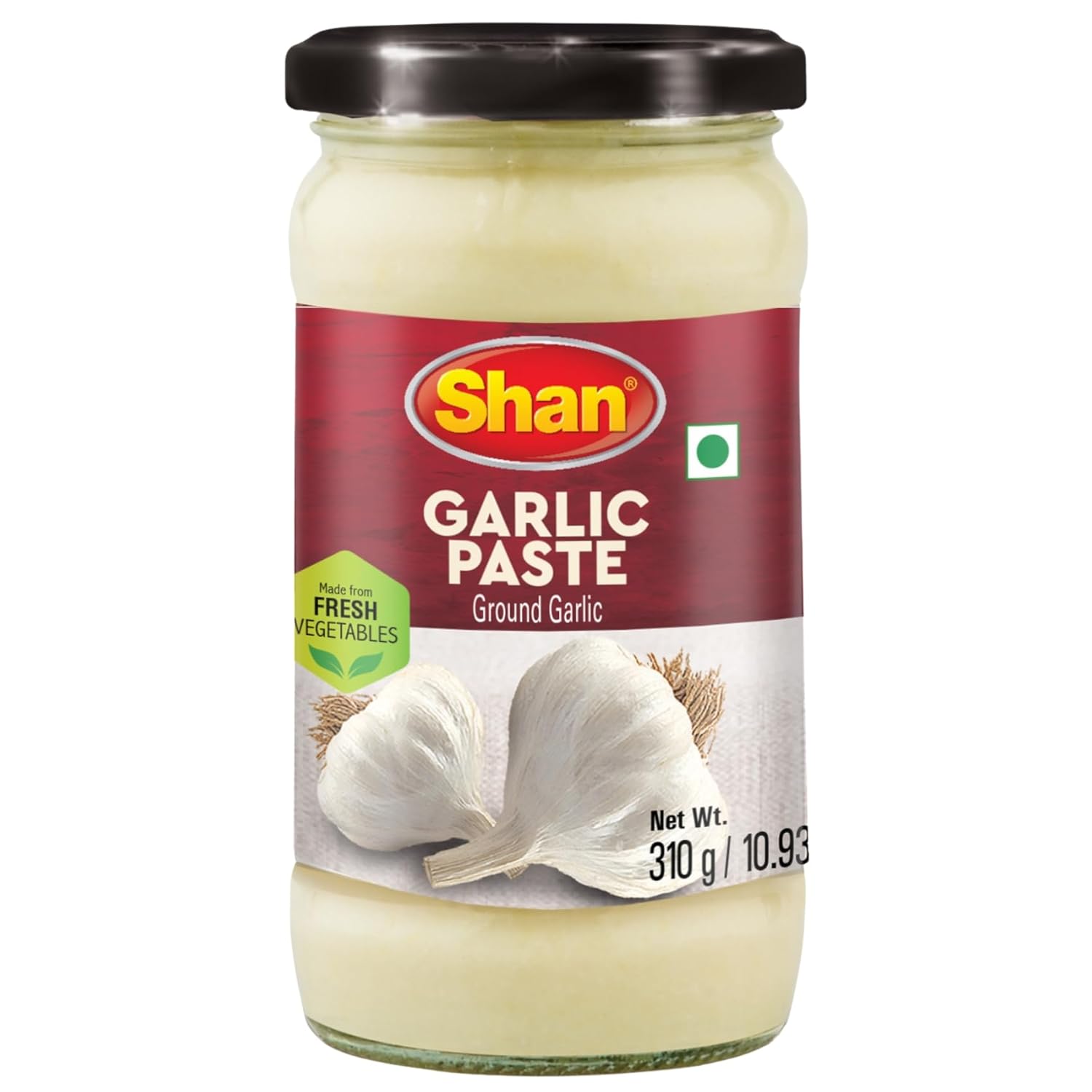 Shan - Garlic Paste, 10.93 oz (310g) - Authentic Taste from Fresh Garlic in an Airtight Glass Jar - Vegan